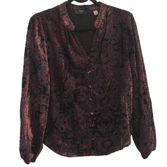 Tahari Womens Velvet Burnout Blouse Medium Red Burgundy Top Whimsigoth Grunge - Picture 1 of 8